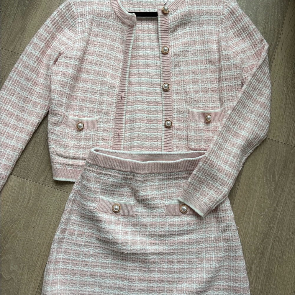 Chic Pink Tweed Skirt and Jacket Set EverNew
